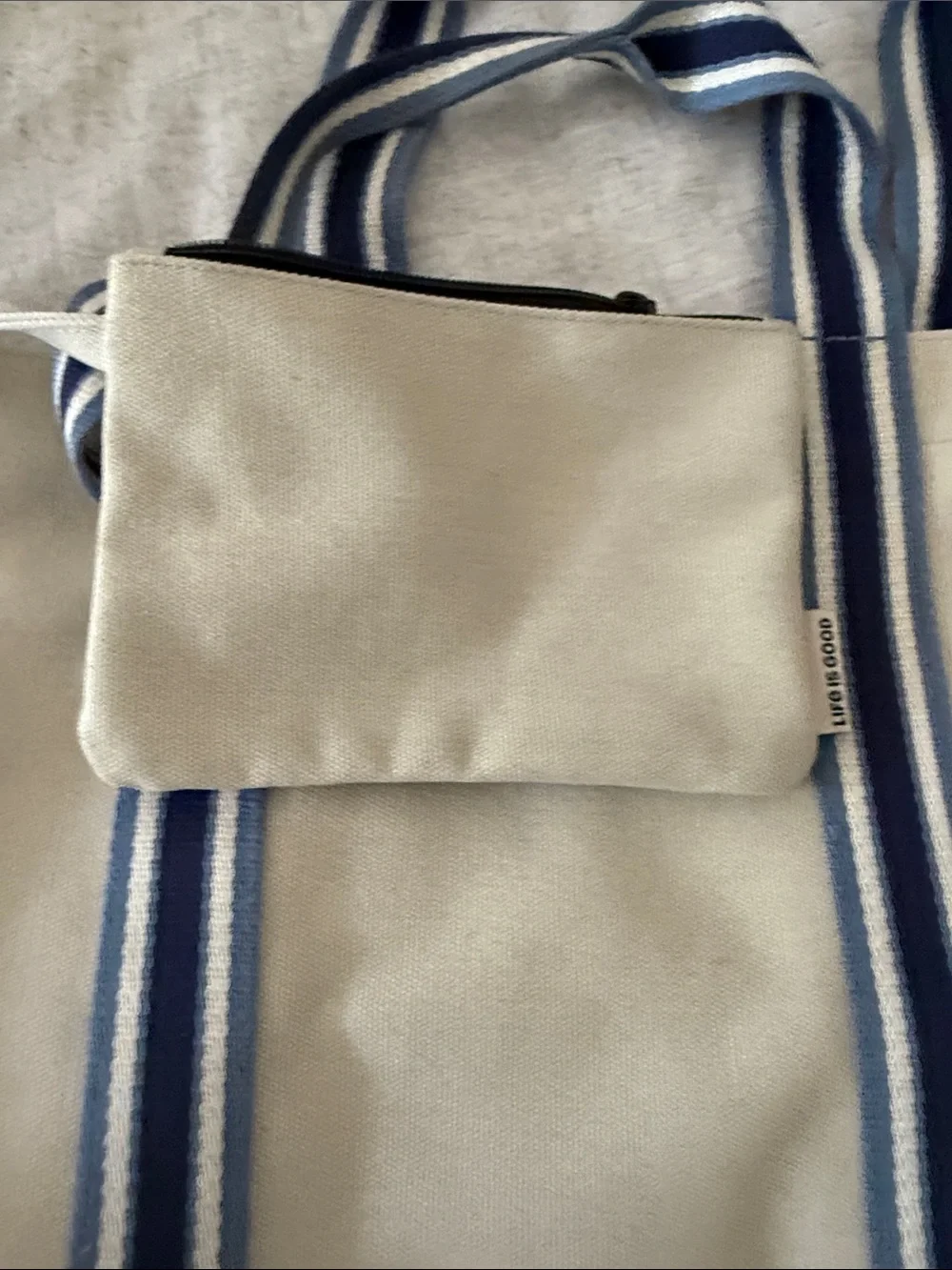Life Is Good Cream Canvas Tote with Blue Stripe Handles and Pouch